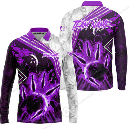 Customized Bowling Unisex Polo Shirt, Fire & Smoke Bowling Pins, Bowling Uniform - Personalized Name And Team Name