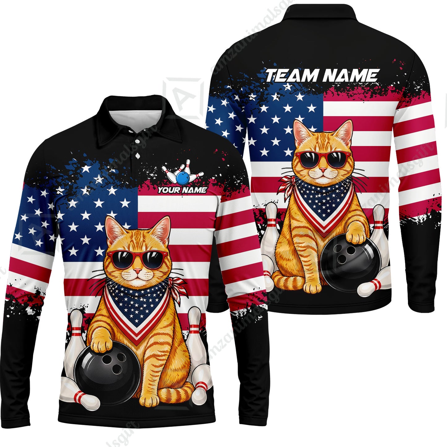 Custom Bowling Jersey Polo Shirt, Animal With Glasses And Bandana America Flag, Personalize Name & Team Name