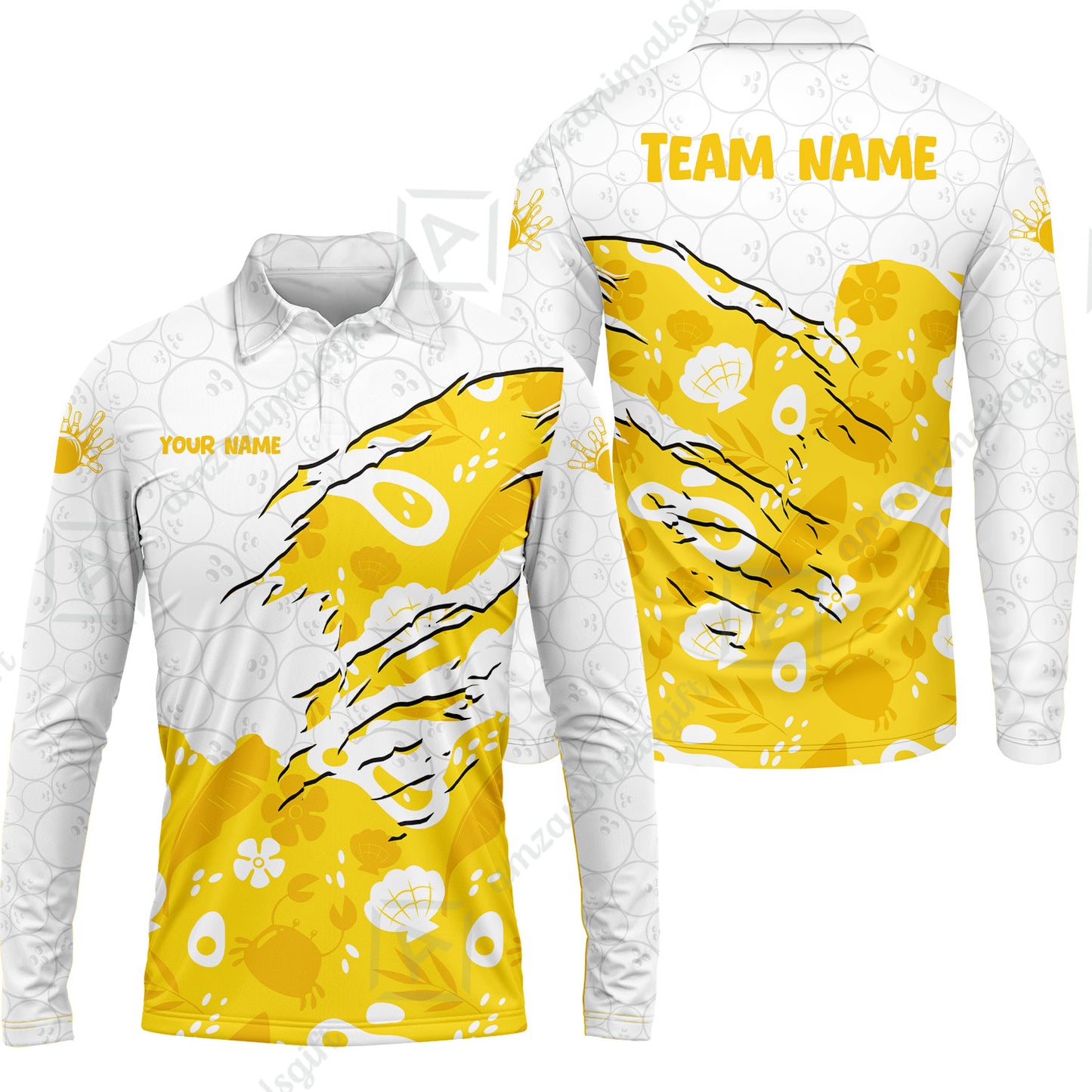 Custom Bowling Jersey Polo Shirt, Pattern Crab Half Crenate Ark Flower Glass, Personalize Name and Team Name