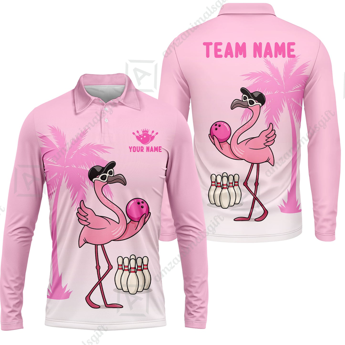 Custom Bowling Jersey Polo Shirt, Flamingo Bowling Coconut Tree, Custom Bowling Jersey Team Shirt For Players With Name and Team Name