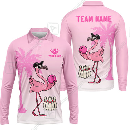 Custom Bowling Jersey Polo Shirt, Flamingo Bowling Coconut Tree, Custom Bowling Jersey Team Shirt For Players With Name and Team Name