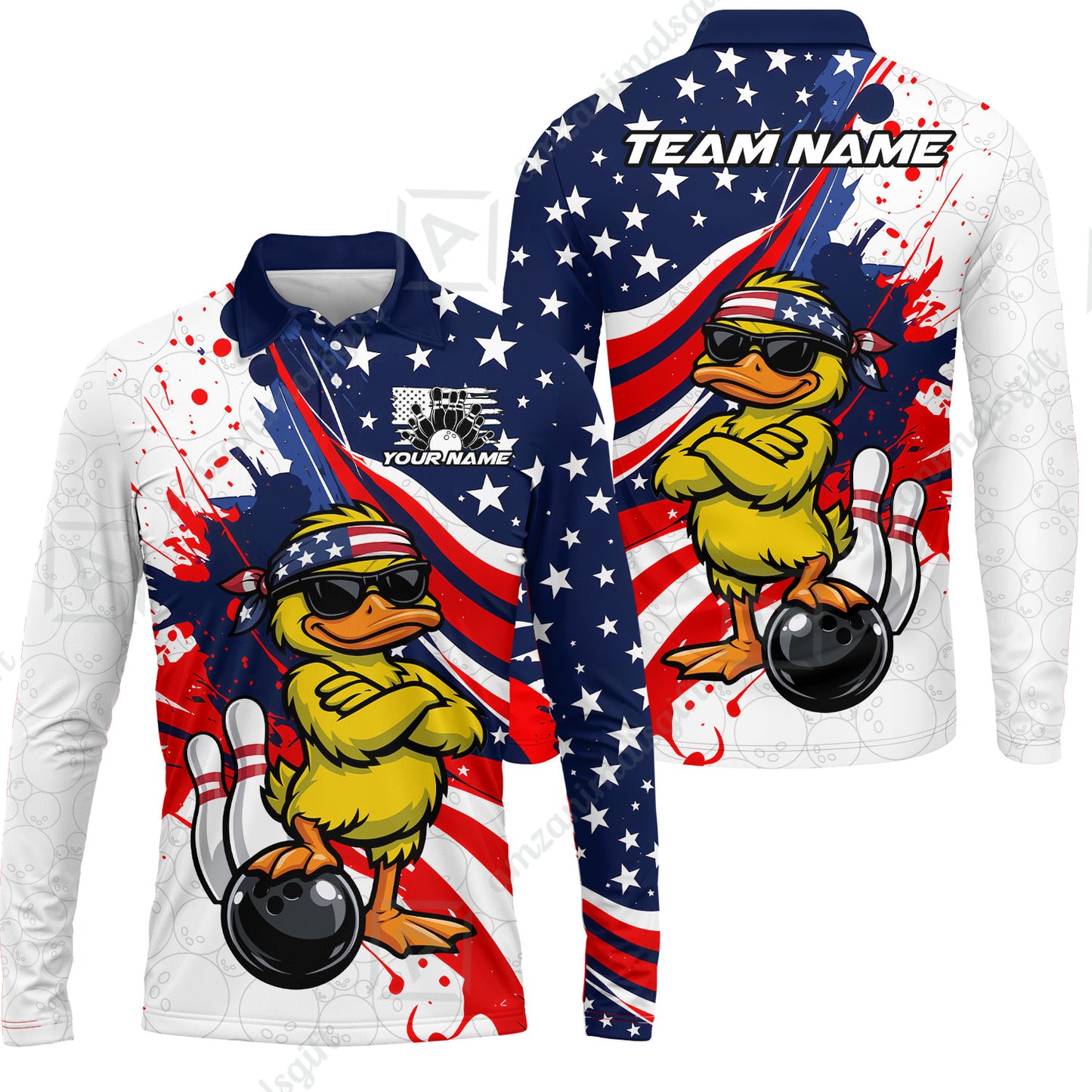 Custom Bowling Jersey Polo Shirt, Patriotic Cool Duckling Mascot, Custom Bowling Jersey Team Shirt For Players With Name and Team Name