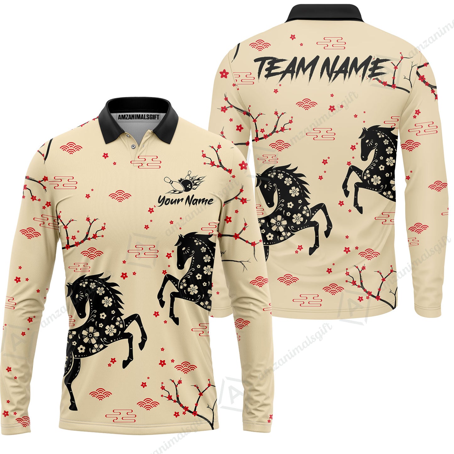 Customized Bowling Unisex Polo Shirt, Floral Pattern Horse Cherry Blossom, Bowling Uniform - Personalized Name Team Name
