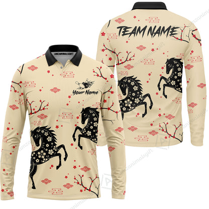 Customized Bowling Unisex Polo Shirt, Floral Pattern Horse Cherry Blossom, Bowling Uniform - Personalized Name Team Name