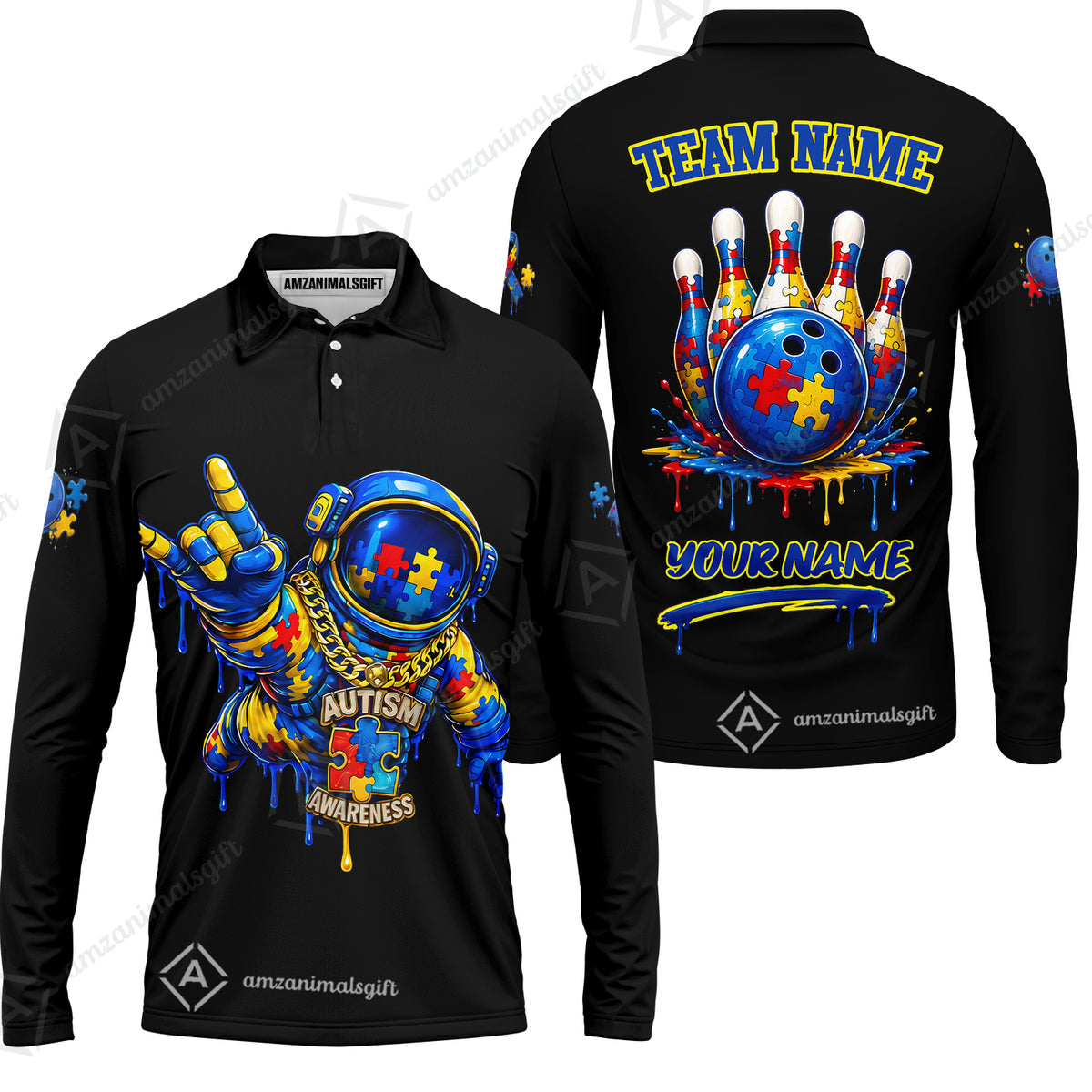 Customized Rainbow Puzzle Astronaut Awareness Bowling Jersey, Custom Name And Team Name For Bowlers