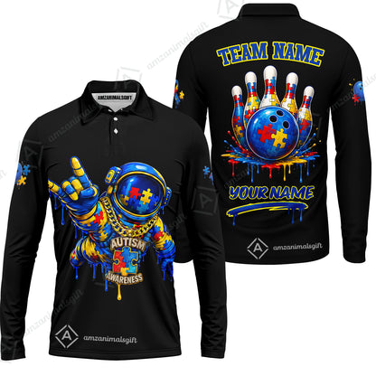 Customized Rainbow Puzzle Astronaut Awareness Bowling Jersey, Custom Name And Team Name For Bowlers