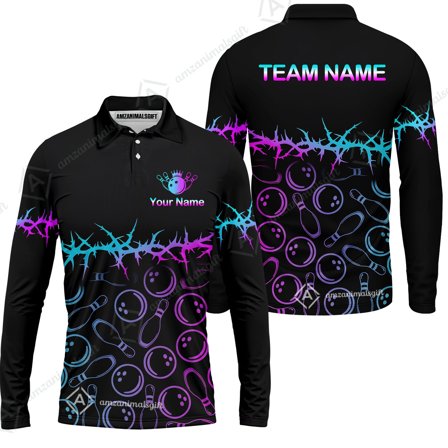 Long Sleeve Polo Shirt||Blue - Purple
