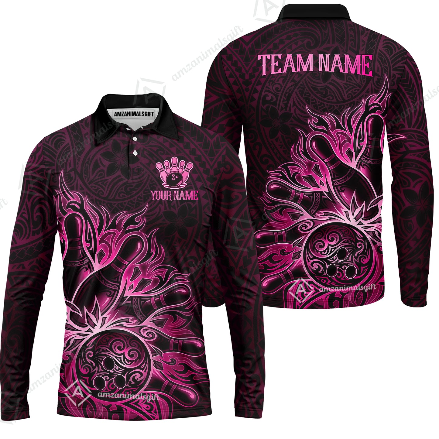 Long Sleeve Polo Shirt||Pink