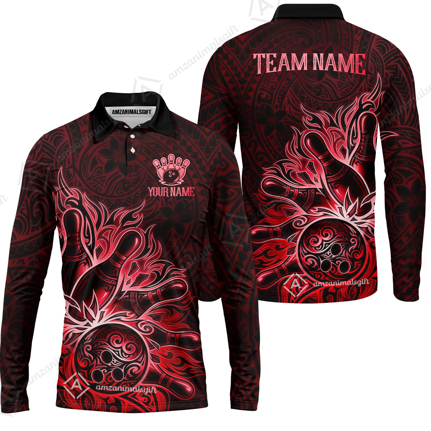 Long Sleeve Polo Shirt||Red
