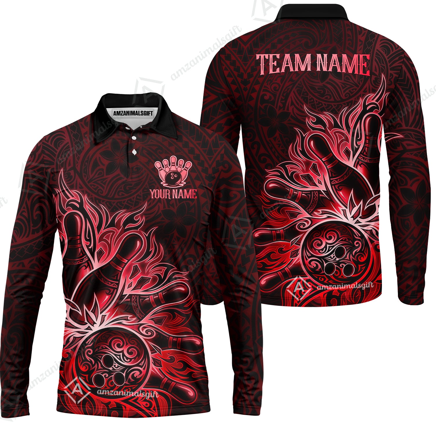 Long Sleeve Polo Shirt||Red