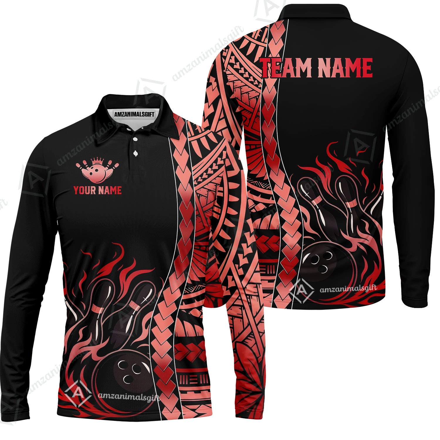 Long Sleeve Polo Shirt||Red