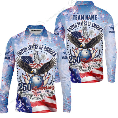 Custom Bowling Jersey Polo Shirt, 250 Years Anniversary USA, Personalize Name and Team Name