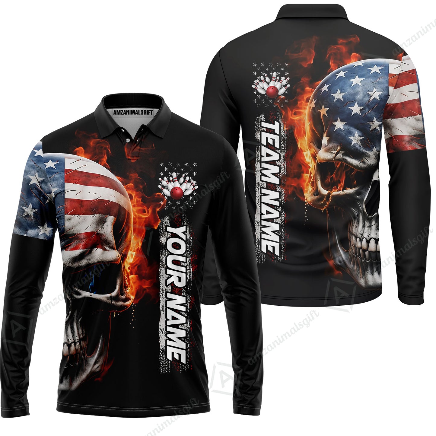Custom Flaming USA Flag Bowling Jersey Polo Shirt, Custom Flaming USA Flag Bowling Jersey Team Shirt For Players With Name & Team Name