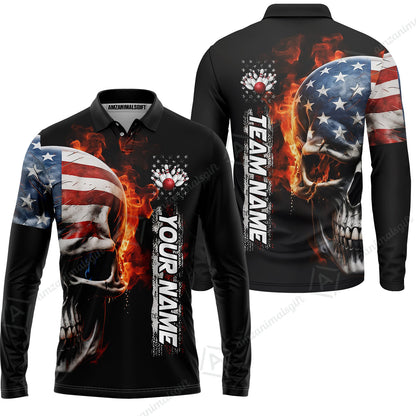 Custom Flaming USA Flag Bowling Jersey Polo Shirt, Custom Flaming USA Flag Bowling Jersey Team Shirt For Players With Name & Team Name