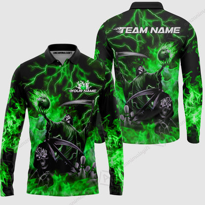 Custom Bowling Team Quarter-Zip Polo Shirt, Grim Reaper Skull With Flame Bowling Lightning Design for Bowlers, Personalized Shirt with Name and Team Name