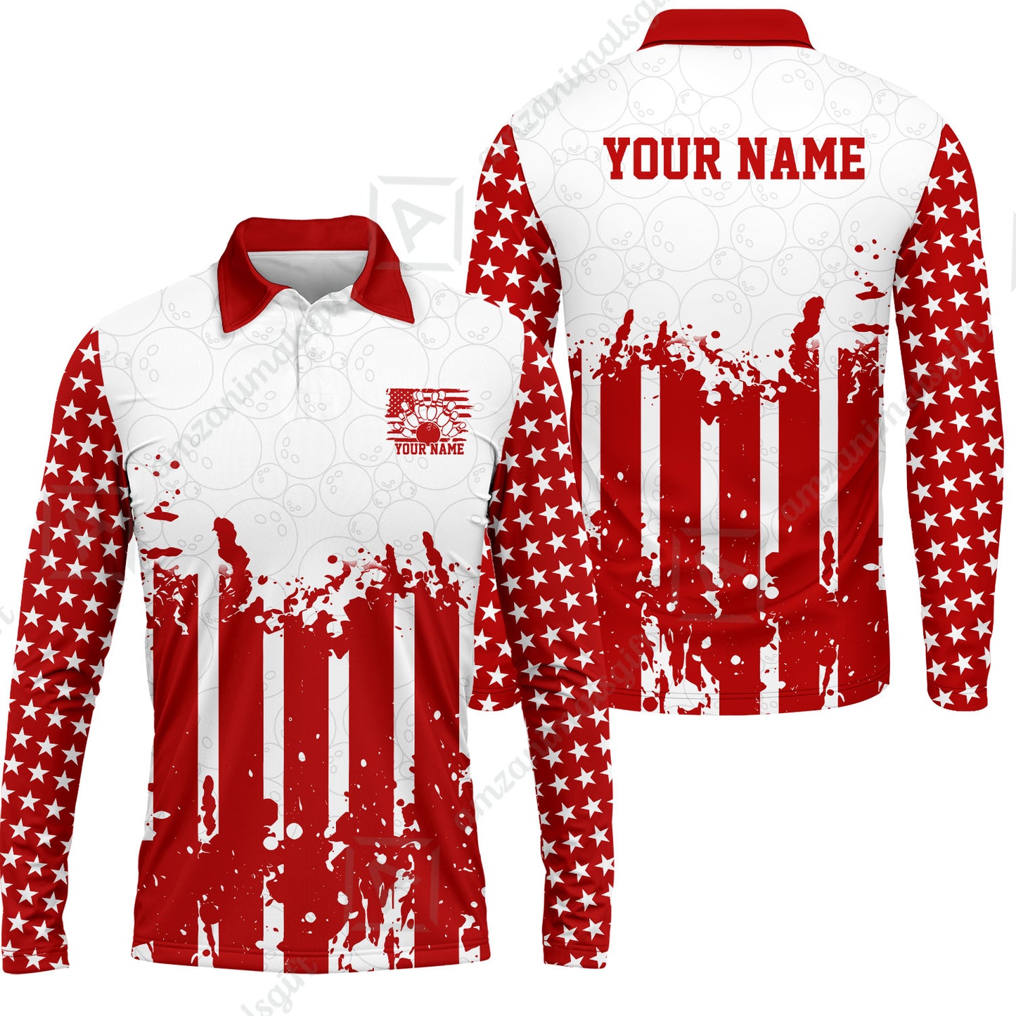 Custom Bowling Jersey Polo Shirt, Distressed Stars and Stripes Grunge, Custom Bowling Jersey Team Shirt For Players With Name and Team Name