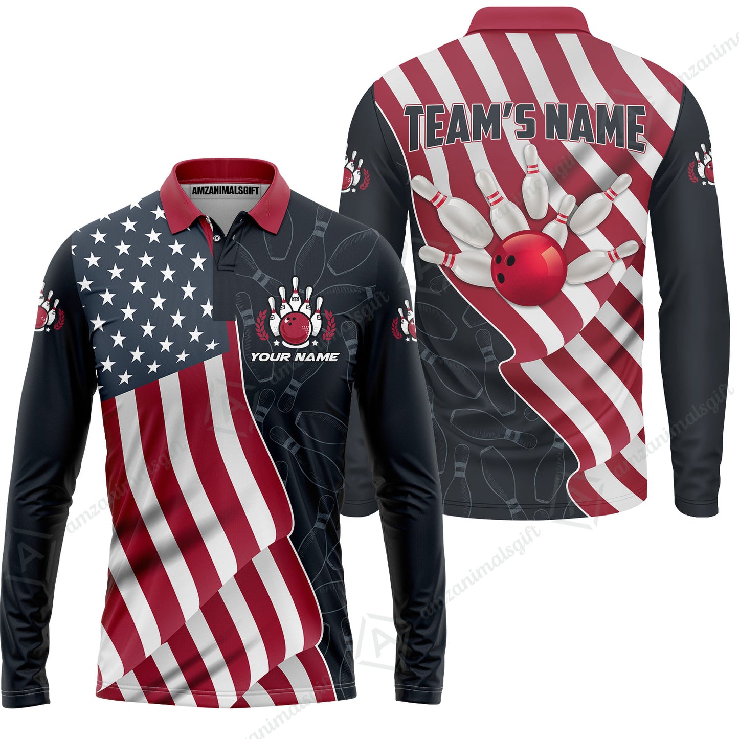 Customized Bowling Unisex Polo Shirt, Bowling America Flag Waving, Bowling Uniform - Personalized Name And Team Name