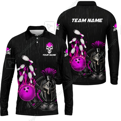 Custom Bowling Jersey Polo Shirt, Fire Bowling Knight Rain Skull Logo, Personalize Name & Team Name