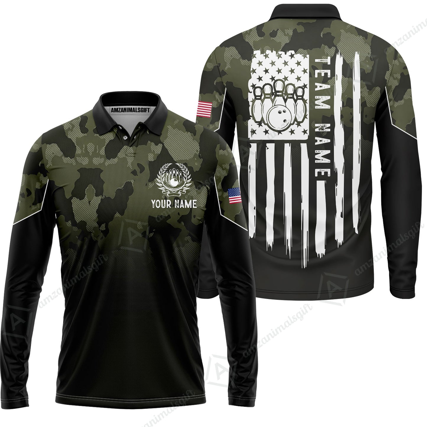 Custom Bowling Polo Shirt, Distressed American Flag Bowling Custom Bowling Polo Team Shirt For Players With Name & Team Name