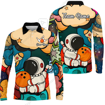 Custom Bowling Jersey Polo Shirt, Astronaut Bowling Galaxy Flight, Personalized Name And Team Name