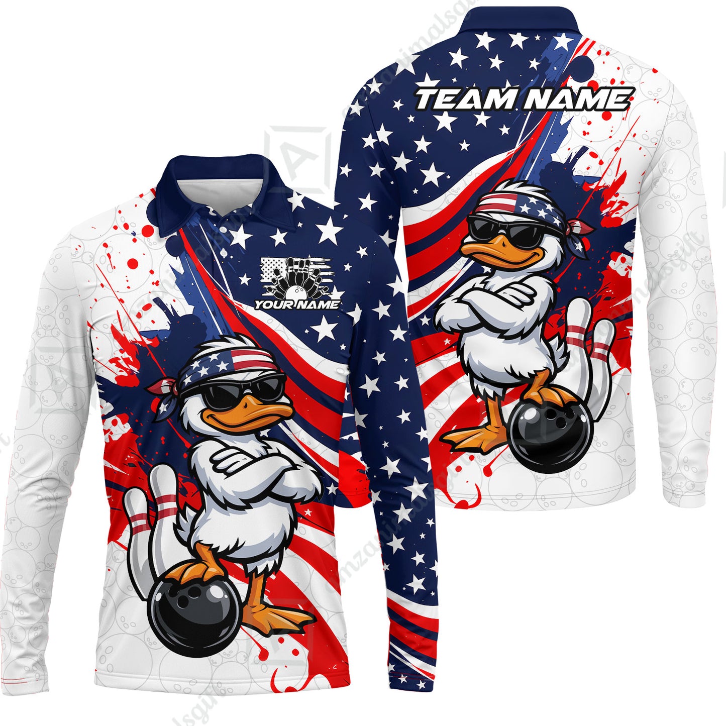 Custom Bowling Jersey Polo Shirt, Patriotic Cool Duckling Mascot, Custom Bowling Jersey Team Shirt For Players With Name and Team Name
