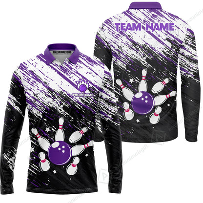 Customized Bowling Unisex Polo Shirt, Floral Pattern Black Purple Brush Wrap Abstract, Personalized Name Team Name