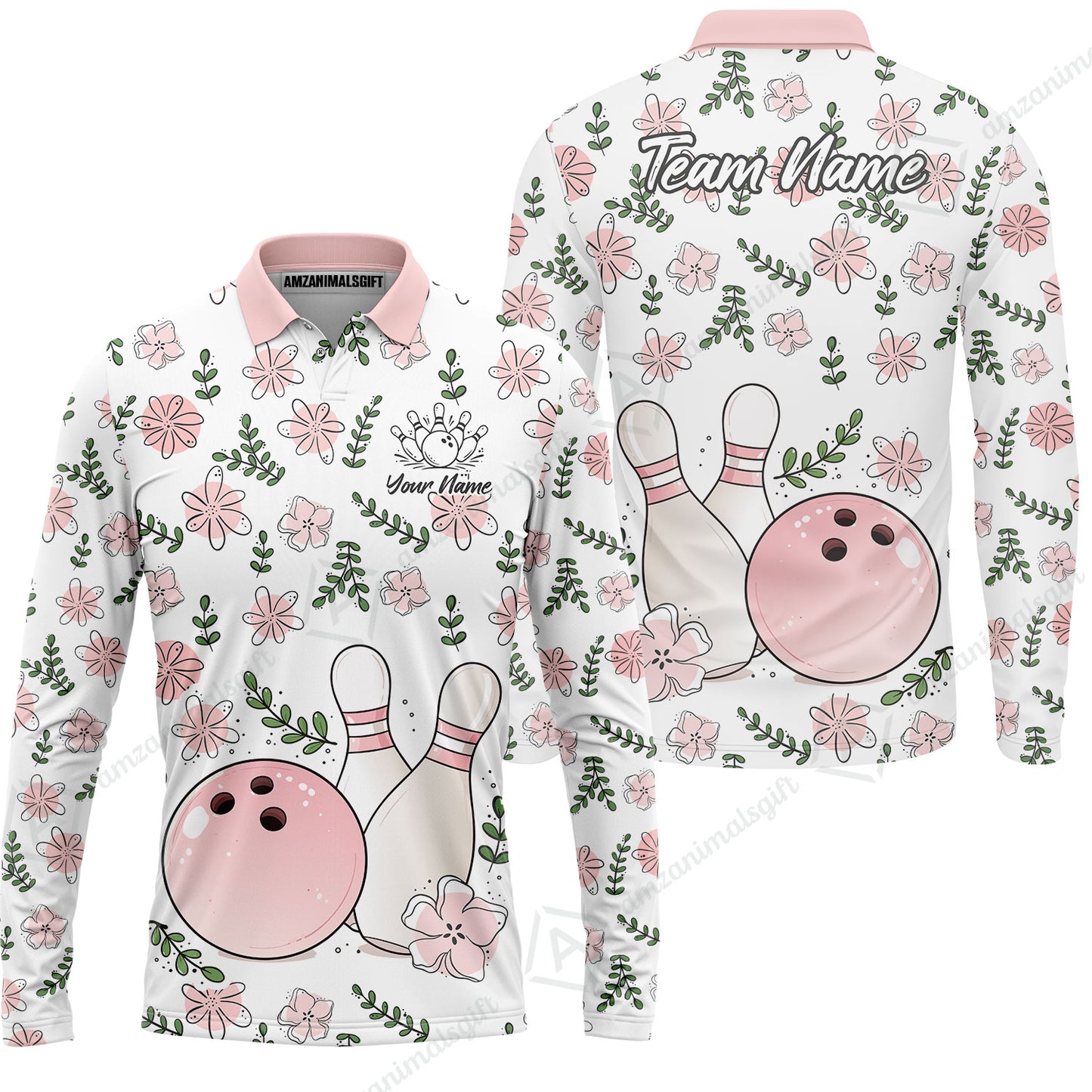 Custom Bowling Jersey Polo Shirt, Pink Floral Bowling, Custom Bowling Jersey Team Shirt For Players With Name & Team Name