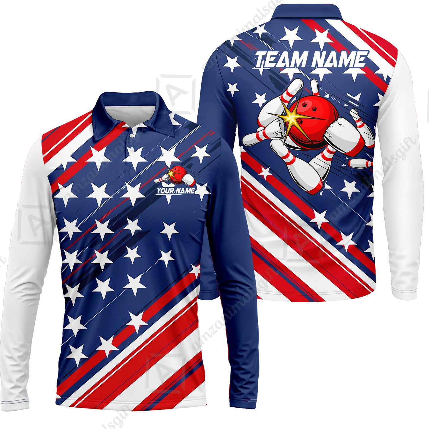 Custom Bowling Jersey Polo Shirt, Explosive Americana Strike Blast, Custom Bowling Jersey Team Shirt For Players With Name and Team Name