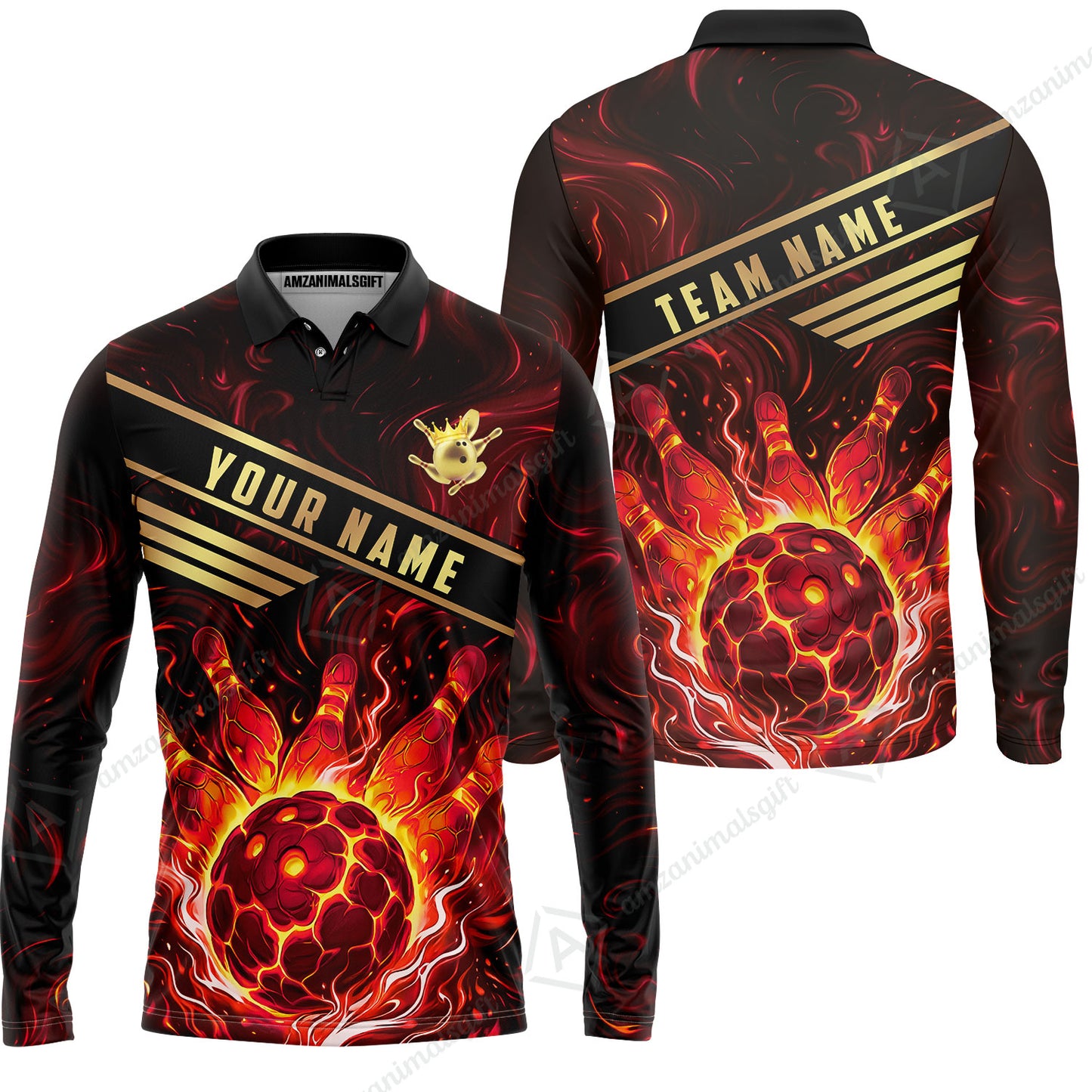 Custom Bowling Polo Shirt, Glowing Bowling Ball and Pins Custom Bowling Polo Team Shirt For Players With Name & Team Name
