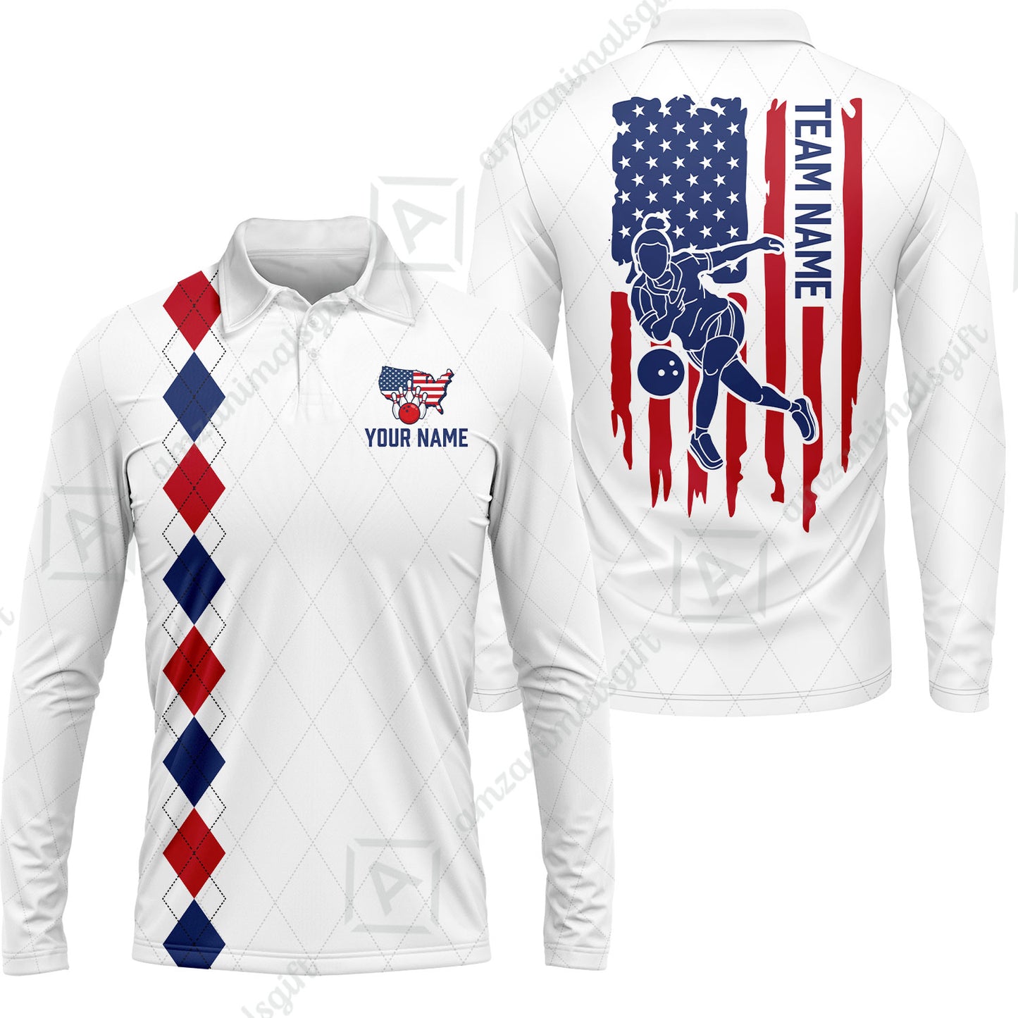 Custom Bowling Jersey Polo Shirt, Patriotic Argyle USA Flag Bowler, Custom Bowling Jersey Team Shirt For Players With Name & Team Name