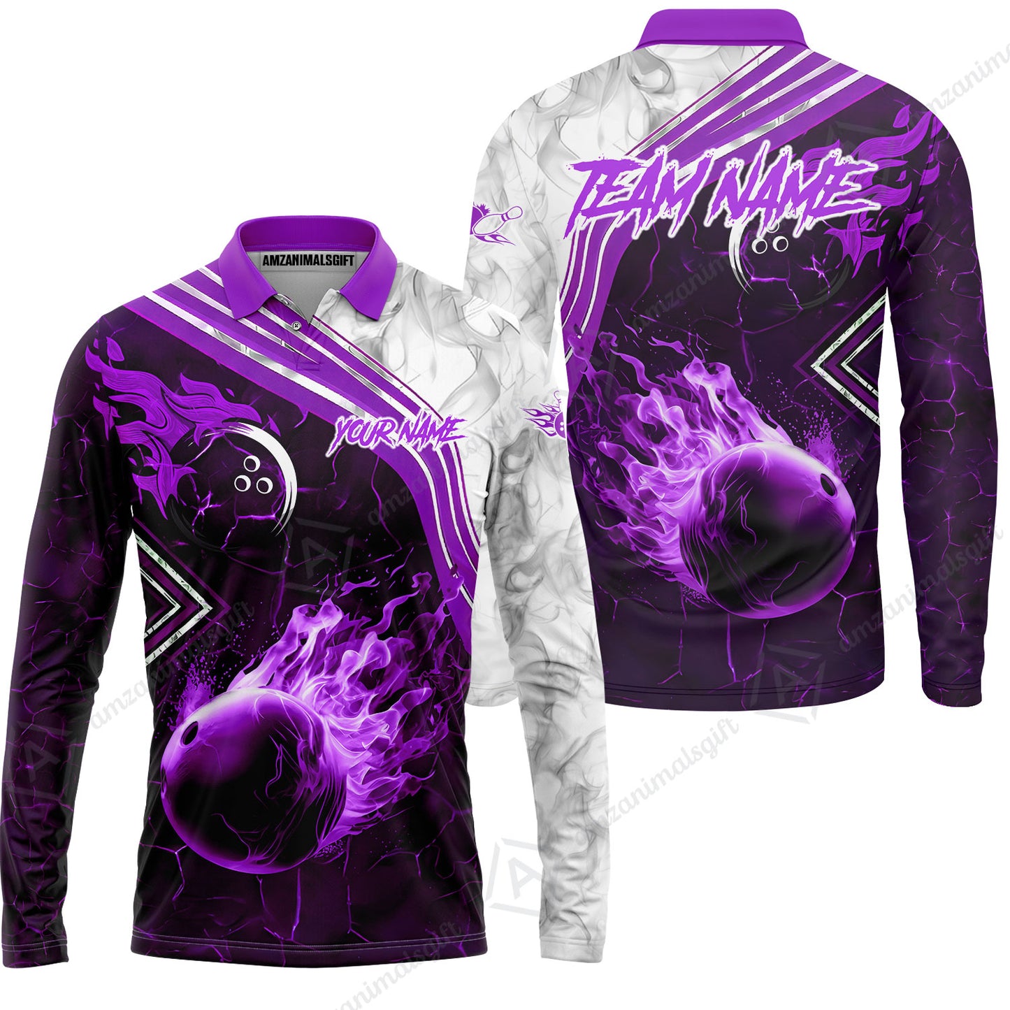 Customized Bowling Unisex Polo Shirt, Fire & Smoke Bowling Ball, Bowling Uniform - Personalized Name And Team Name