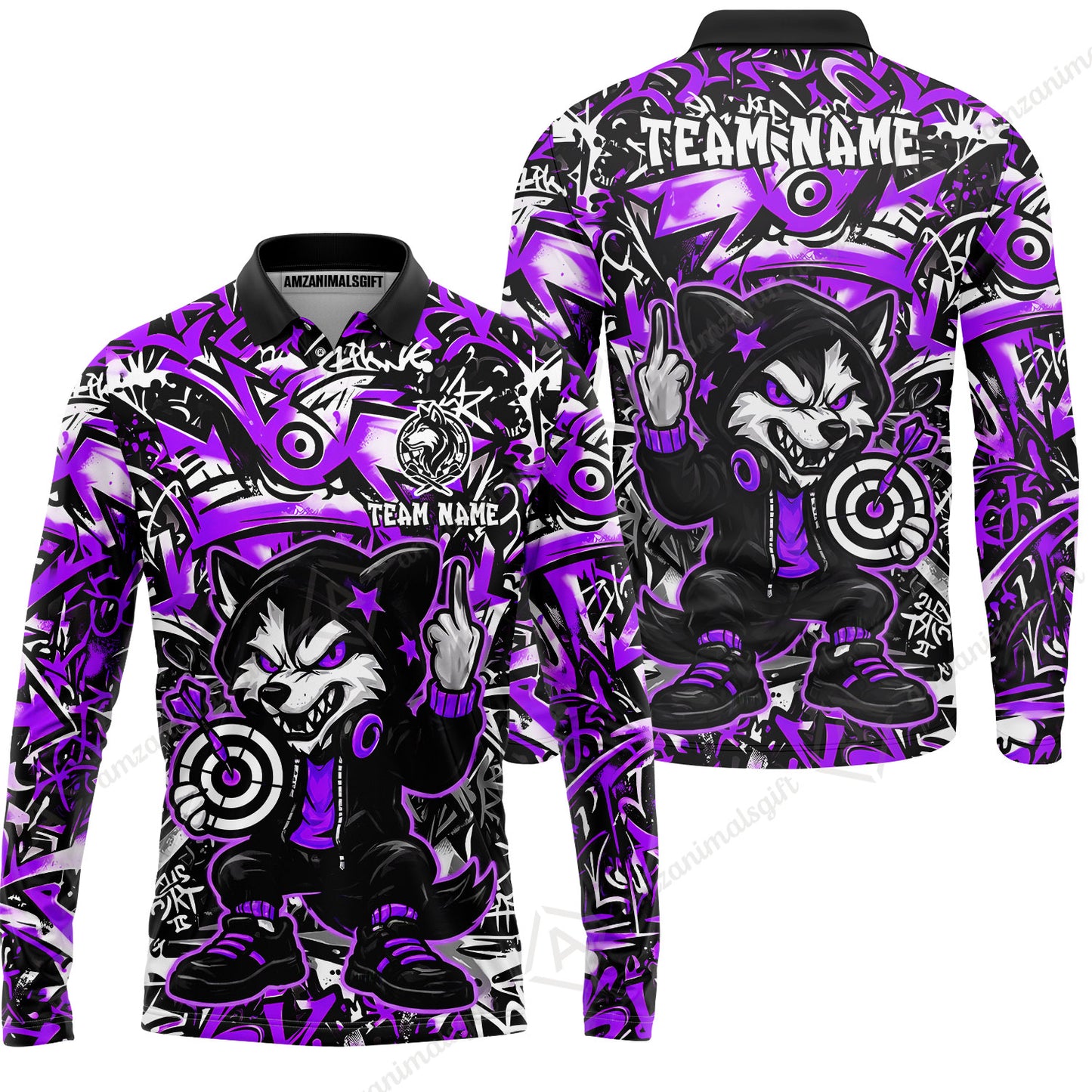 Customized Darts Team Uniform Shirt, Cool Cartoon Wolf With Dartboard, Personalized Name And Team Name