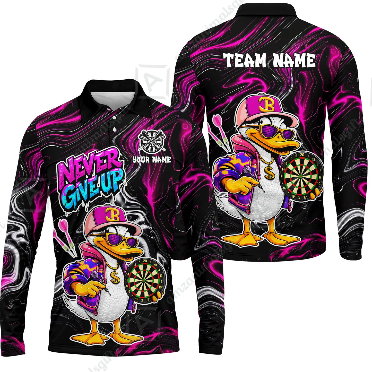 Customized Darts Team Jersey, Duck Never Give Up, Personalized Darts Name And Team Name
