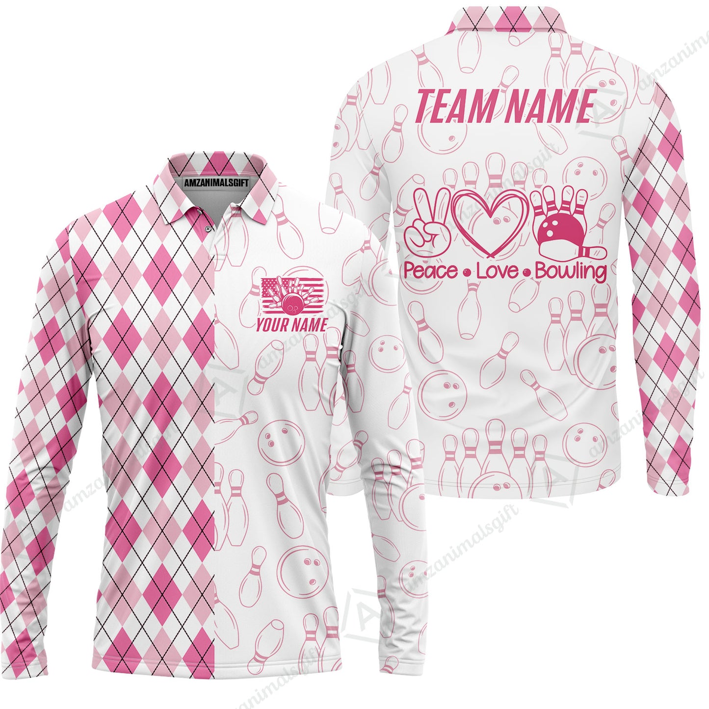 Custom Women Polo Shirt, Argyle Bowling Peace Love, Custom Bowling Women Polo Team Shirt For Players With Name & Team Name
