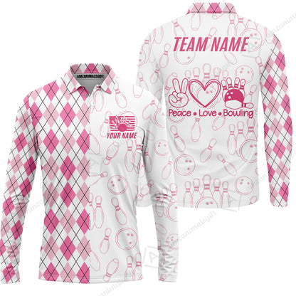 Custom Women Polo Shirt, Argyle Bowling Peace Love, Custom Bowling Women Polo Team Shirt For Players With Name & Team Name