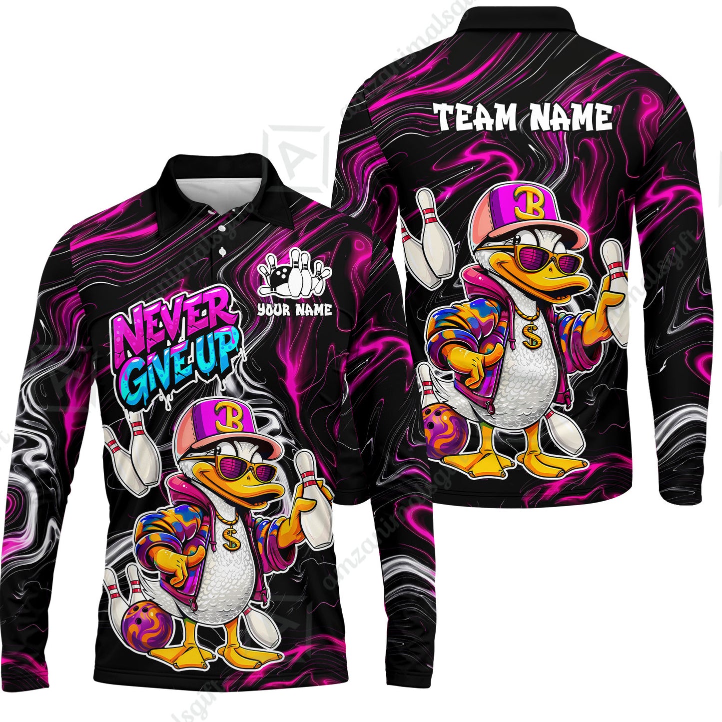 Custom Bowling Jersey Polo Shirt, Duck Never Give Up, Custom Bowling Jersey Team Shirt For Players With Name & Team Name