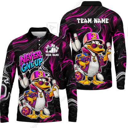 Custom Bowling Jersey Polo Shirt, Duck Never Give Up, Custom Bowling Jersey Team Shirt For Players With Name & Team Name