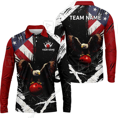 Custom Bowling Jersey Polo Shirt, Patriotic Bald Eagle Distressed American Flag Grunge, Custom Bowling Jersey Team Shirt For Players With Name & Team Name