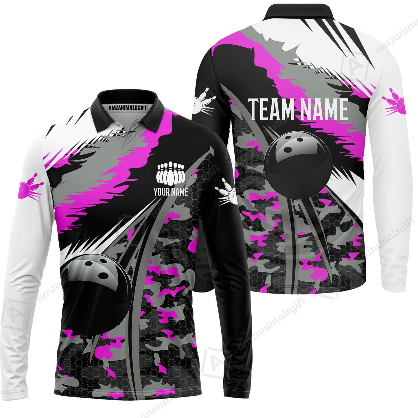 Custom Bowling Team Jersey, Personalized Long Sleeve Jersey Shirt Camo Bowling Shirt with Name & Team Name