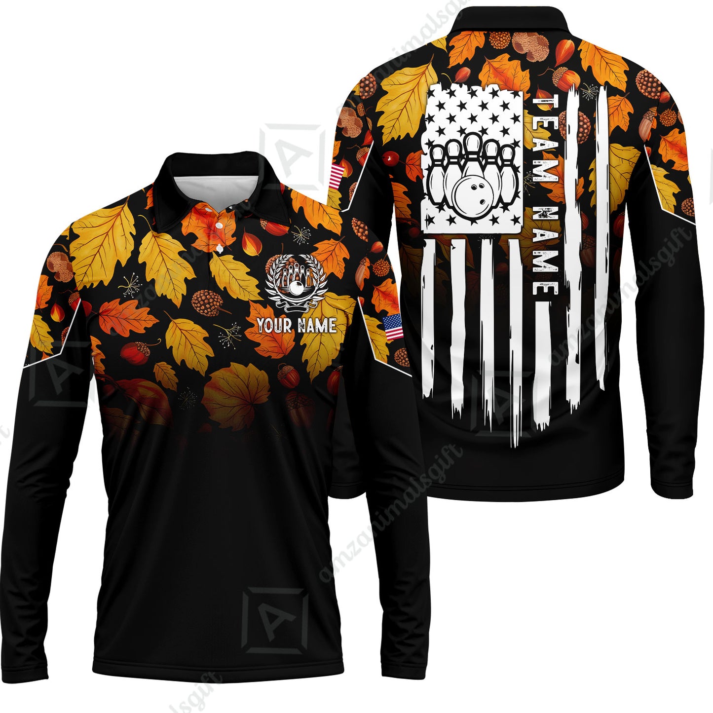 Custom Bowling Jersey Polo Shirt, Autumn Leaves Patriotic Vertical Flag, Custom Bowling Jersey Team Shirt For Players With Name and Team Name