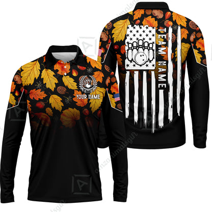 Custom Bowling Jersey Polo Shirt, Autumn Leaves Patriotic Vertical Flag, Custom Bowling Jersey Team Shirt For Players With Name and Team Name