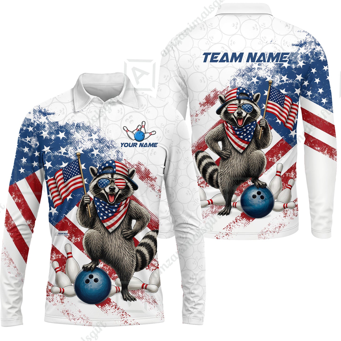 Custom Bowling Jersey Polo Shirt, Racoon America Flag Bowling Pattern, Personalize Name and Team Name