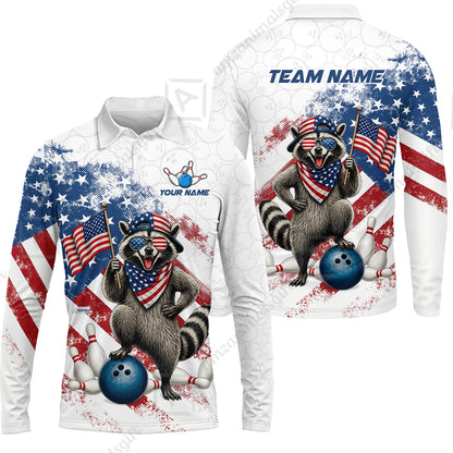 Custom Bowling Jersey Polo Shirt, Racoon America Flag Bowling Pattern, Personalize Name and Team Name