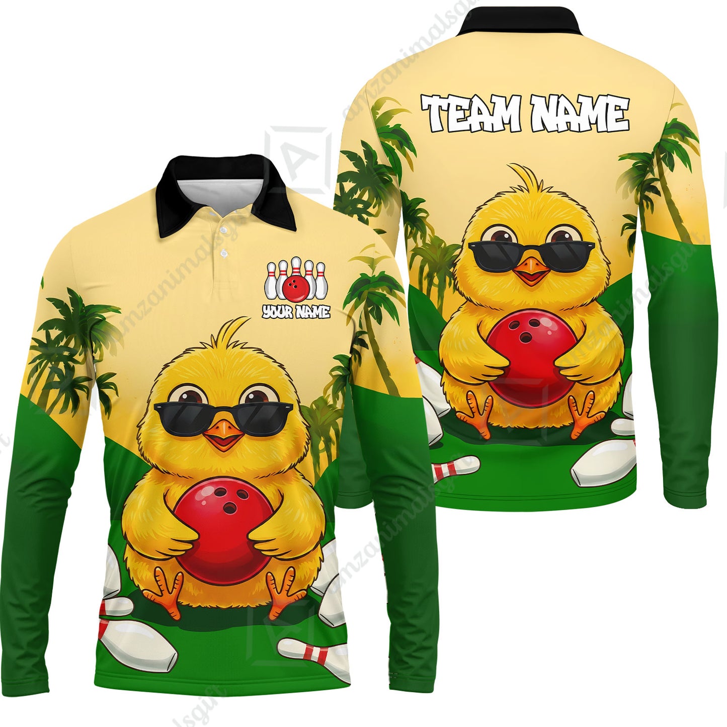Custom Bowling Jersey Polo Shirt, Grass Landscape Chicken Bowling, Personalize Name and Team Name