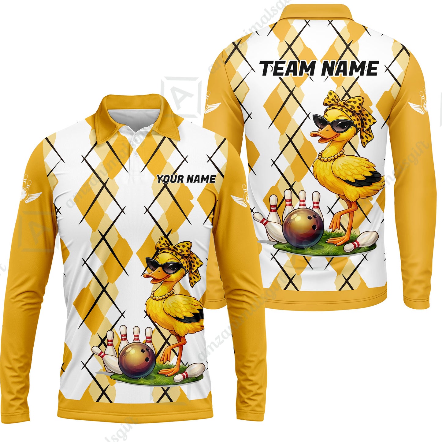 Custom Bowling Jersey Polo Shirt, Sassy Diva Duckling Argyle, Custom Bowling Jersey Team Shirt For Players With Name and Team Name