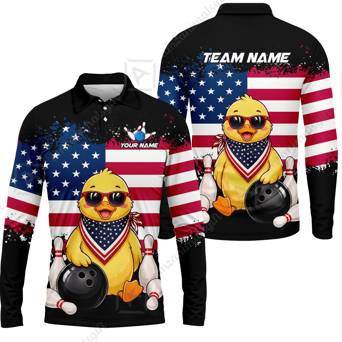 Custom Bowling Jersey Polo Shirt, Animal With Glasses And Bandana America Flag, Personalize Name & Team Name