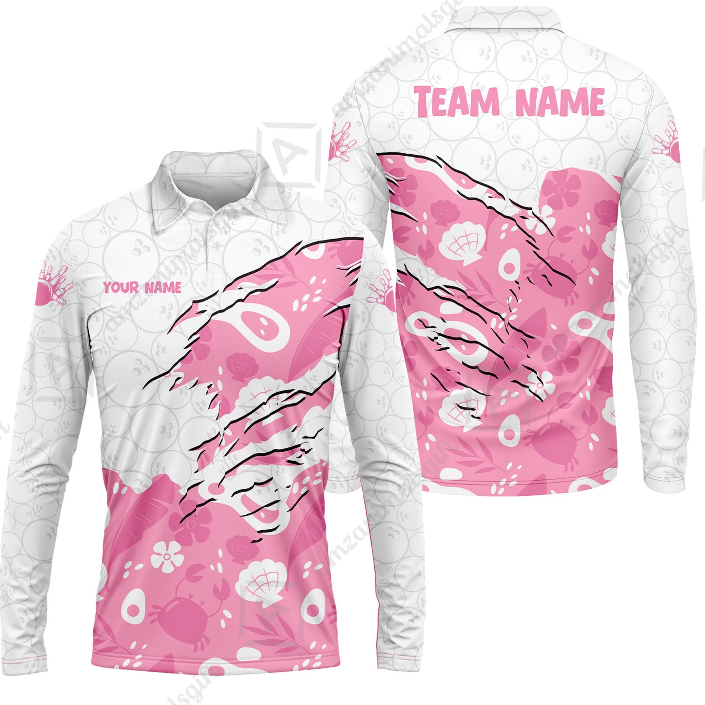 Custom Bowling Jersey Polo Shirt, Pattern Crab Half Crenate Ark Flower Glass, Personalize Name and Team Name