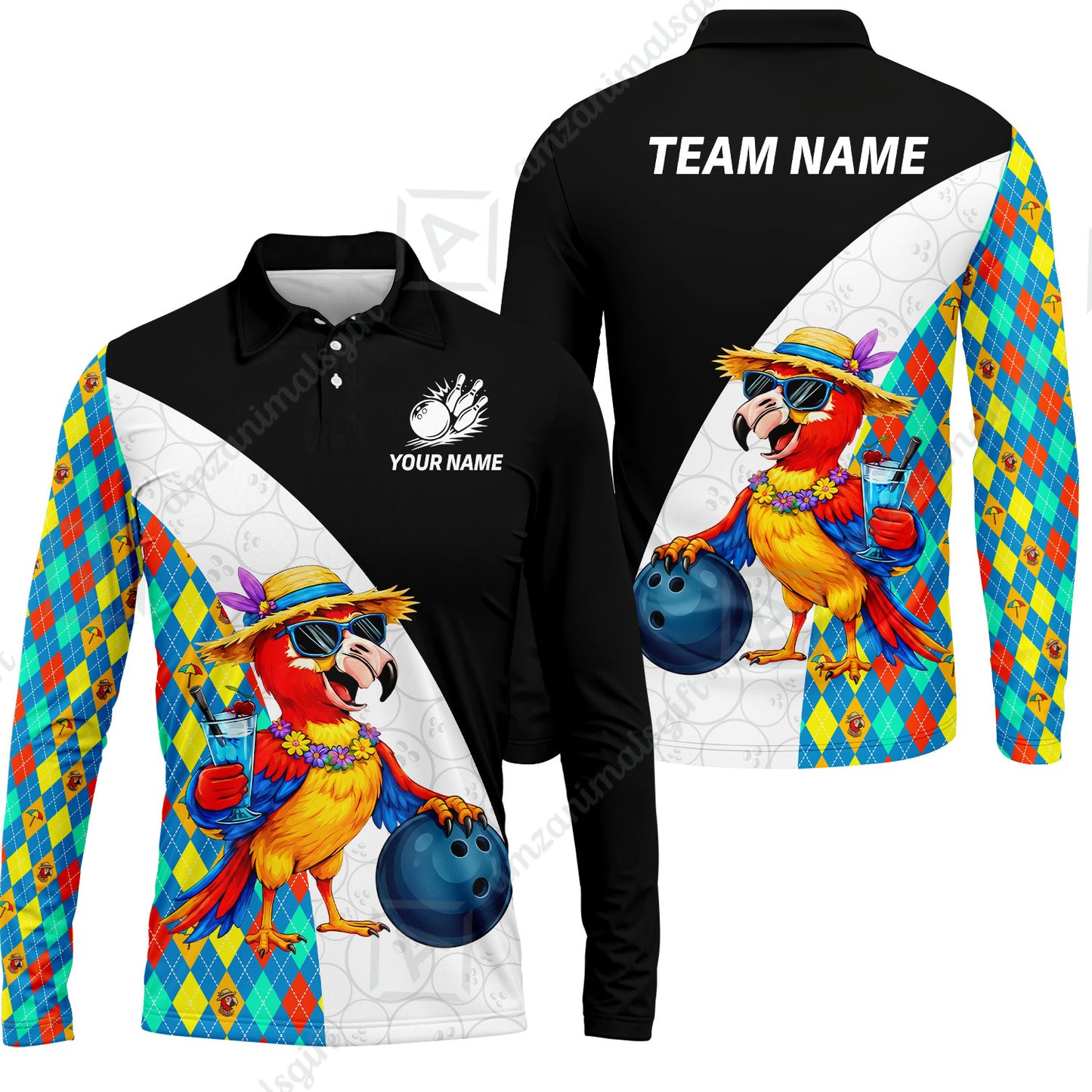 Custom Bowling Jersey Polo Shirt, Tropical Parrot Beach Party, Custom Bowling Jersey Team Shirt For Players With Name and Team Name