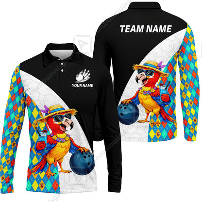 Custom Bowling Jersey Polo Shirt, Tropical Parrot Beach Party, Custom Bowling Jersey Team Shirt For Players With Name and Team Name