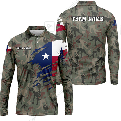 Custom Bowling Jersey Polo Shirt, Texas Flag Woodland Green Camouflage, Custom Bowling Jersey Team Shirt For Players With Name and Team Name